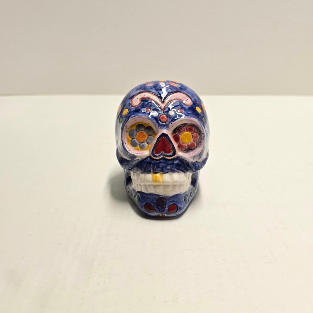 Hand Painted Ceramic Sugar Skull Blue Day of the Dead Calavera Figurine 3.5"